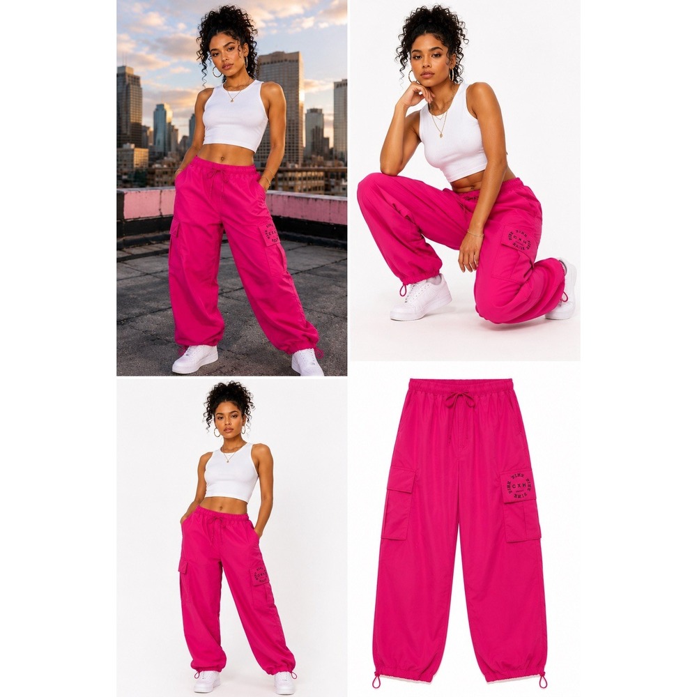 PINK Chloe x Halle Cargo Parachute Pants Size M Hot Pink Utility Drawstring RARE